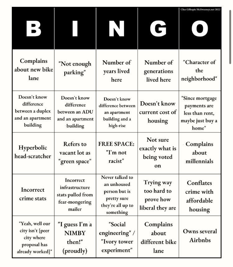A bingo card with squares like “Complains about new bike lane”, “Doesn’t know current cost of housing” and a free space in the center that says “‘I’m not racist’”