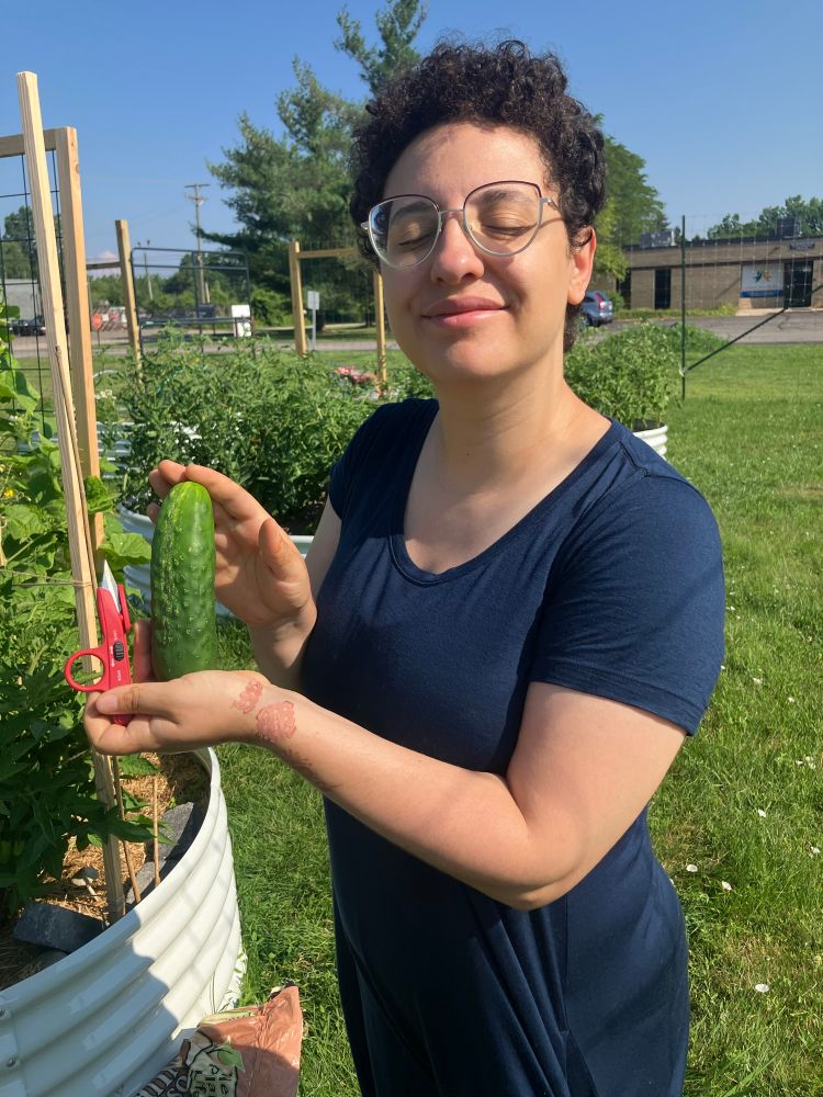 A woman wearing a blue dress holding an average sized pickling cucumber in a community garden while smiling