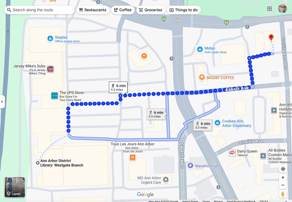 A google maps screenshot showing walking directions from the Ann Arbor Westgate Library to nearby HOMES brewery. Google Maps shows a 0.3 mi / 6 min walk