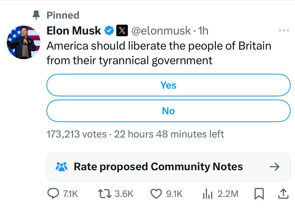 A poll from Elon Musk about liberating the UK from the tyrannical yoke of Comrade Starmer