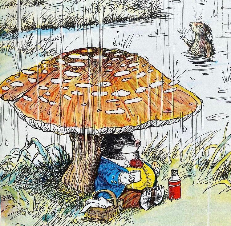 a lovely illustration from Wind in the Willlows of Mole sheltering from the rain under a toadstool