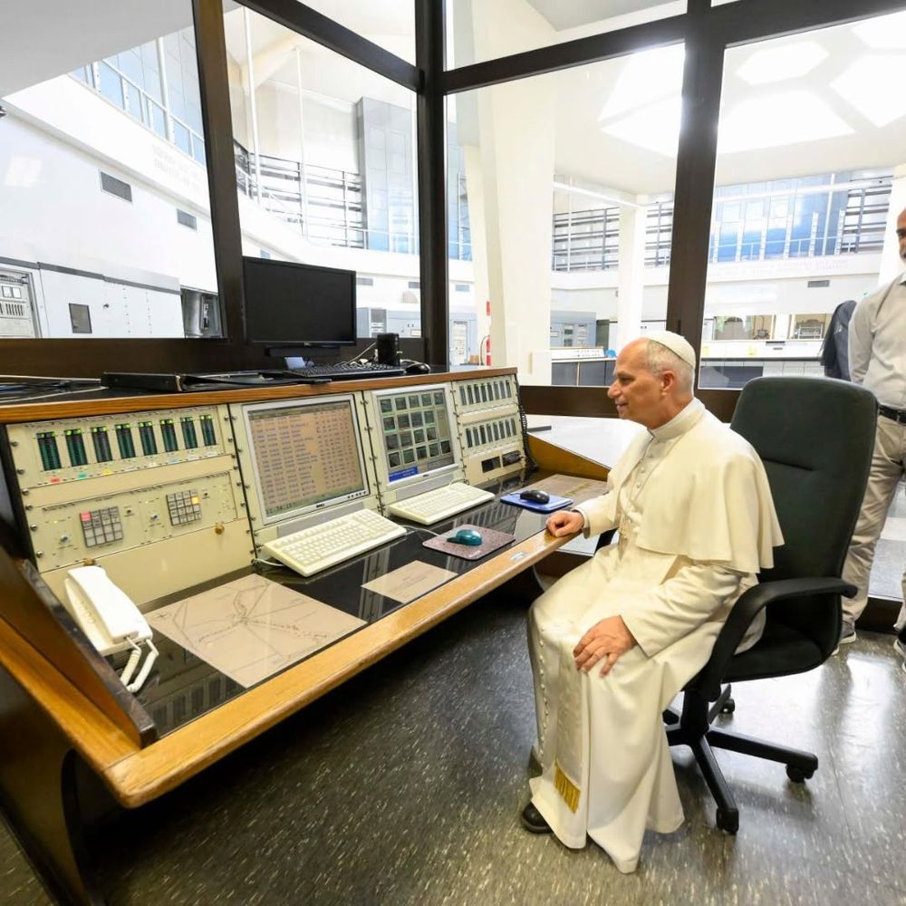 Pope Leo at a radio desk