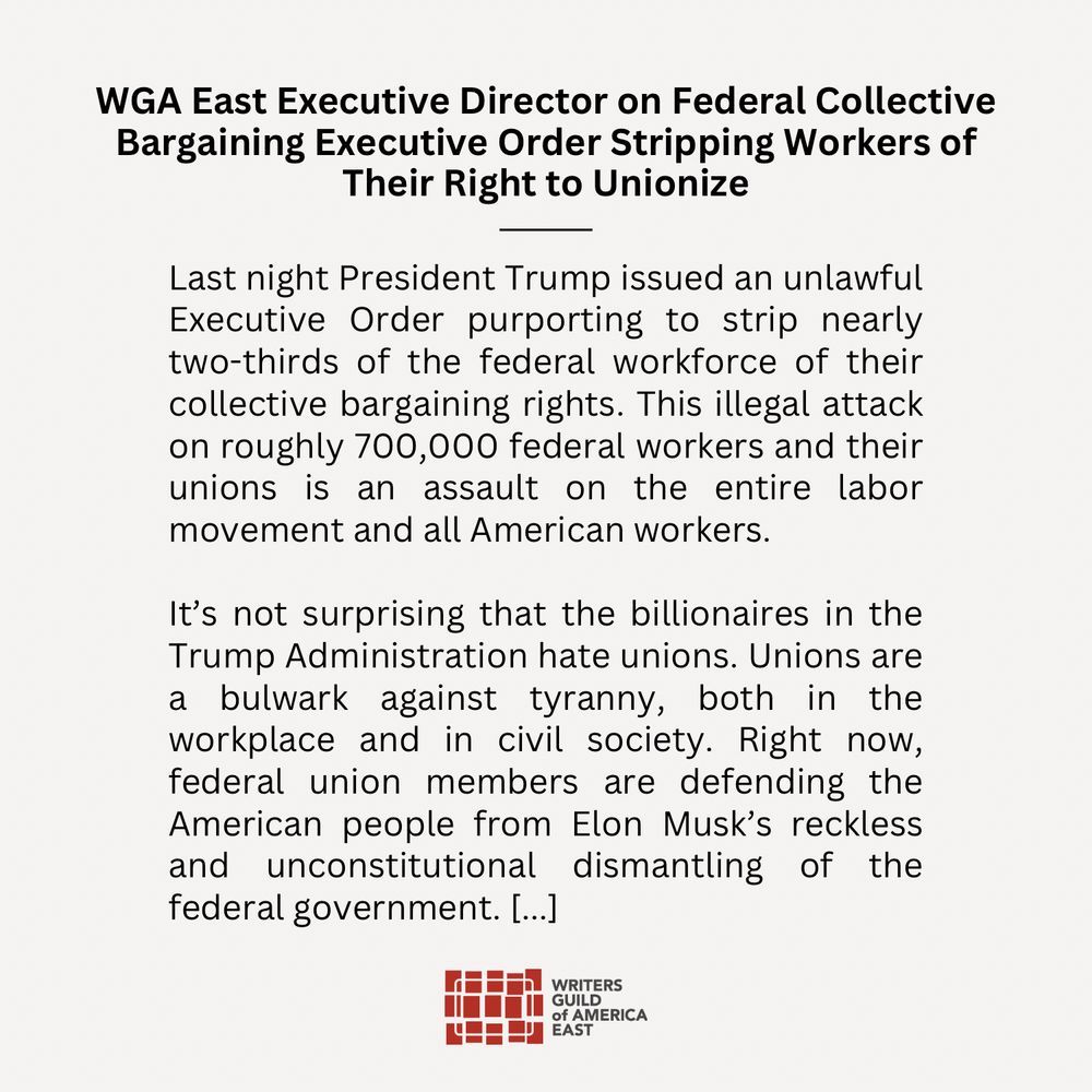 Last night President Trump issued an unlawful Executive Order purporting to strip nearly two-thirds of the federal workforce of their collective bargaining rights. This illegal attack on roughly 700,000 federal workers and their unions is an assault on the entire labor movement and all American workers.
It's not surprising that the billionaires in the Trump Administration hate unions. Unions are a bulwark against tyranny, both in the
workplace and in civil society.
Right now, federal union members are defending the American people from Elon Musk's reckless and unconstitutional dismantling of the federal government. [...]