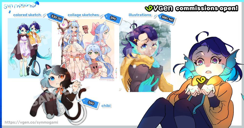 a commission sheet detailing prices for services offered on my VGen https://vgen.co/synmogami