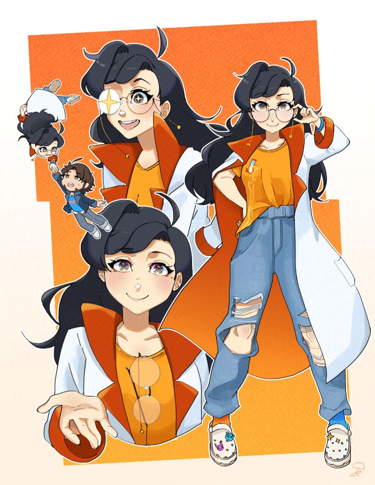 A character collage illustration featuring my OC Serena in her usual outfit in her current iteration. (featuring a small Chibi Dal that I forgot to include in his post ;w;) 