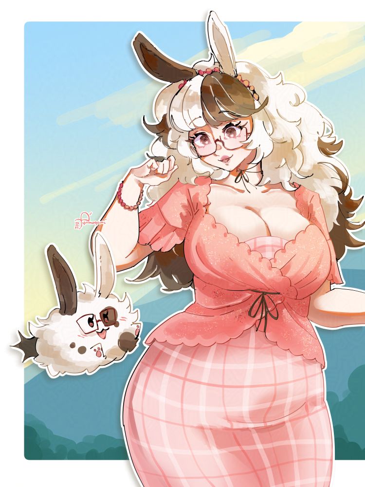 A colored sketch illustration of @theangorabunnie.bsky.social's sona, Bunnie! She has fluffy voluminous hair that mirrors her non-humanoid version's fur coat and she wears a glittery dress and plaid skirt.