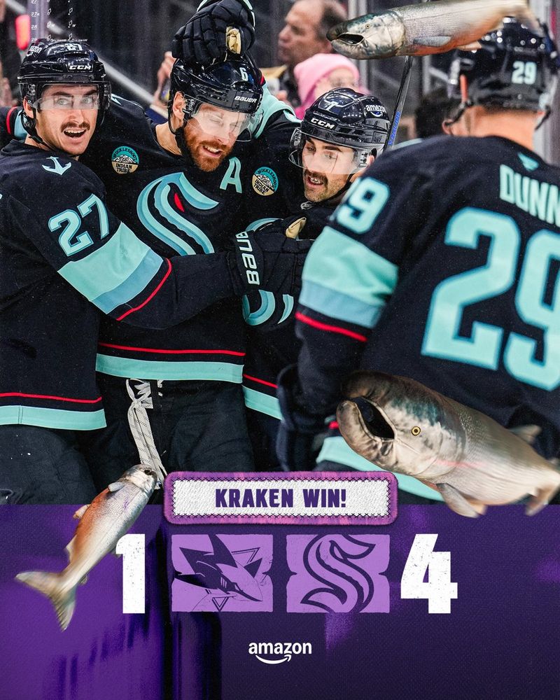 "KRAKEN WIN!" graphic displaying Kraken's 4-1 win over sharks, displaying photo of Mush, Lars, Ebs and Dunn celebrating a goal.
