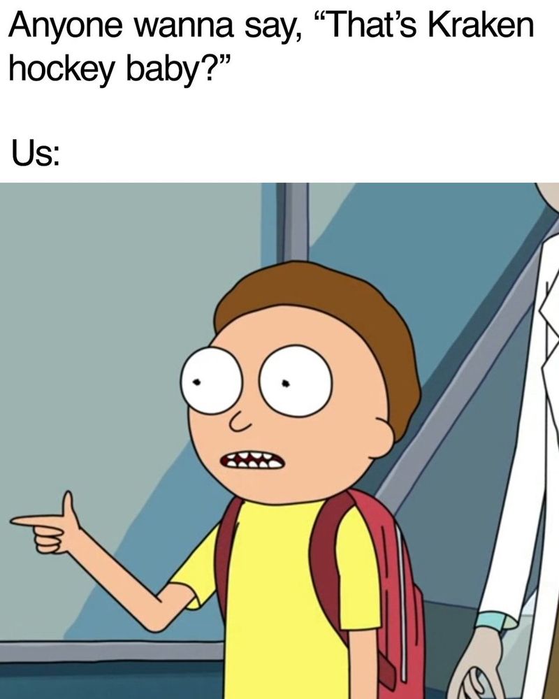 Meme of Morty from Rick & Morty with text reading:

"Anyone wanna say, 'That's Kraken hockey baby?'

Us:"