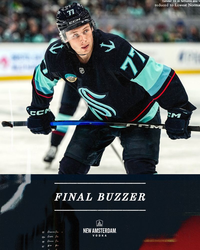 The Final Buzzer graphic with a purple gradient background. The Final Buzzer is written in white letters on the right side. An image of game action is overlayed in the center of the graphic, featuring a photo Seattle Kraken forward Berkly Catton. A New Amsterdam Vodka logo is in the upper right corner and Kraken jersey stripes frame the left and right sides of the graphic.