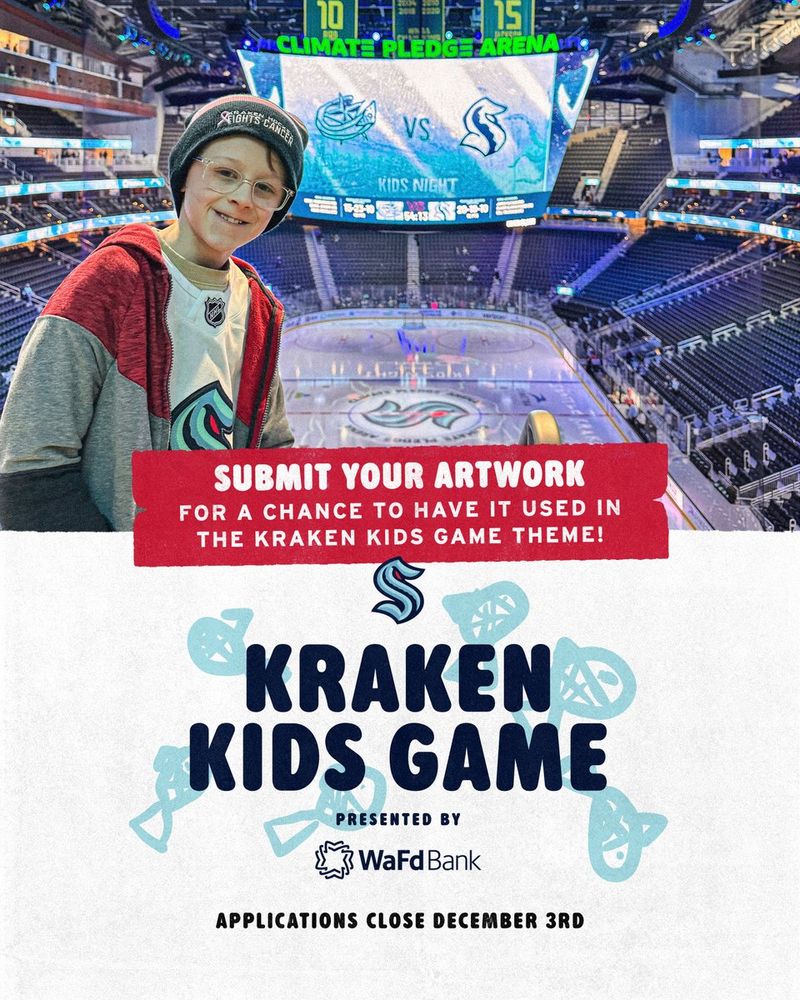a photo of a young Kraken fan posing in front of their artwork on the videoboard. Text on the graphic reads:

Submit your artwork for a chance to have it used in the Kraken Kids Game Theme! Kraken Kids Game, pres. by WaFd Bank. Applications close December 3rd.
