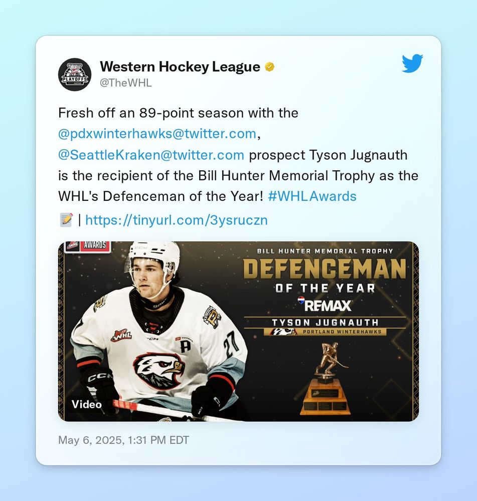 Fresh off an 89-point season with the @pdxwinterhawks, @SeattleKraken prospect Tyson Jugnauth is the recipient of the Bill Hunter Memorial Trophy as the WHL's Defenceman of the Year! #WHLAwards

📝 | https://t.co/GLrAMtnEEk https://t.co/FV5VI3nSPy
