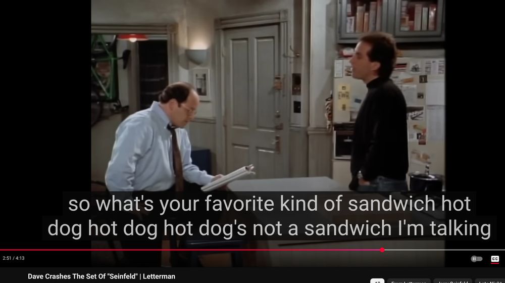 Letterman filmed in LA and Paul ran through a bunch of LA-based show sets and the Seinfeld part opens with Jerry & George arguing if a hot dog is a sandwich