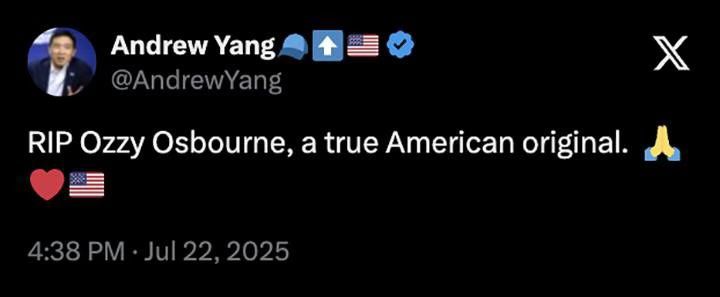 Screenshot from Andrew Wang on X calling Ozzy an “American Original”