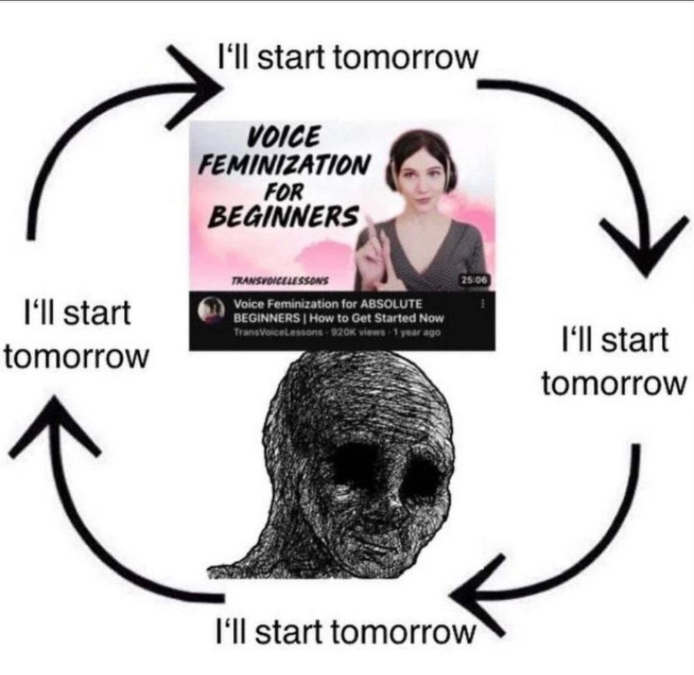 Meme of a circle with "I'll start tomorrow" at 4 Cardinal directions and thumbnail at top showing "Voice feminization for beginners" and a sketch of a spooky looking deceepit face at the bottom