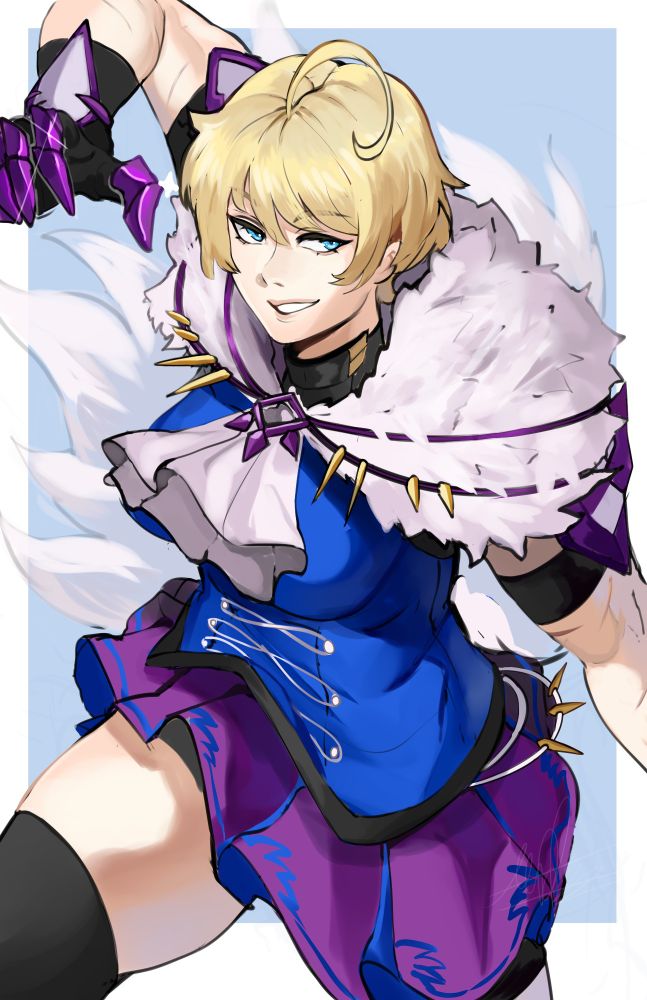 A 3/4ths drawing of Merrin stepping forward, ready to strike with her claws while giving the viewer a handsome smile