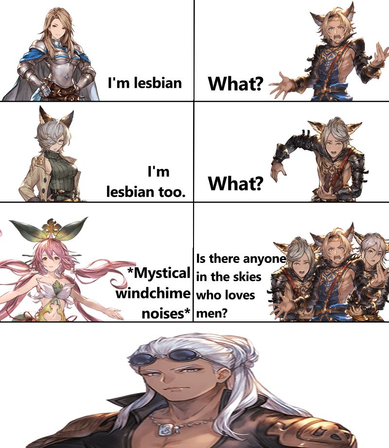 Katalina: I'm lesbian
Lowain: What?
Freesia: I'm lesbian
Tomoi: What?
Yggdrasil: *Mystical windchime noises*
All 3 Lowain Bros: Is there anyone in the skies who loves men?
The final panel is a stretched out picture of poseidon