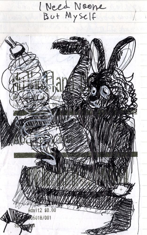 a rabbit contorts themself into the frame, holding a cigarette between their fingers under a shower head, the water and smoke mixing indistinguishably. 
also on a ticket stub for mulholland drive. 