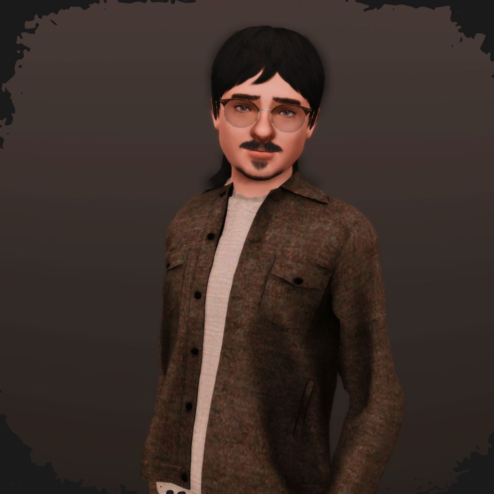 Peng Li. A sims 3 sim in front of a grey wall. He has black hair that is cut into a mullet. He has some facial hair, and glasses. He is wearing a brown jacket over a beige t-shirt. 