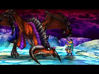 A screenshot from the video game Odin Sphere. This screenshot depicts the dragon Wagner talking to the Cornelius in his Pooka-Rabbit form on top of a snowy mountain with a thunderous sky in the background. 