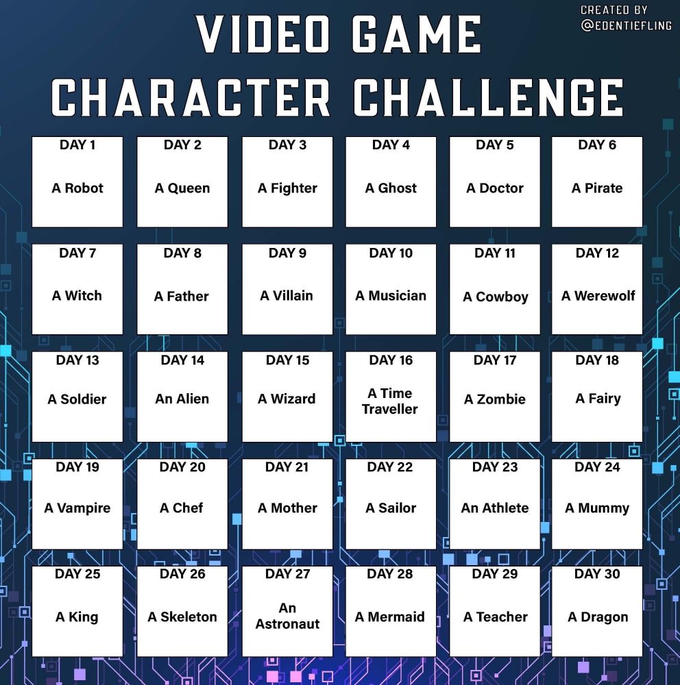 VIDEO GAME CHARACTER CHALLENGE 
Created by @ Edentiefling
DAY 1: A Robot 
DAY 2: A Queen 
DAY 3: A Fighter
DAY 4: A Ghost 
DAY 5: A Doctor
DAY 6: A Pirate 
DAY 7: A Witch
DAY 8: A Father
DAY 9: A Villain
DAY 10: A Musician
DAY 11: A Cowboy 
DAY 12: A Werewolf
DAY 13: A Soldier
DAY 14: An Alien
DAY 15: A Wizard
DAY 16: A Time Traveller
DAY 17: A Zombie
DAY 18: A Fairy
DAY 19: A Vampire
DAY 20: A Chef
DAY 21: A Mother
DAY 22: A Sailor
DAY 23: An Athlete 
DAY 24: A Mummy
DAY 25: A King
DAY 26: A Skeleton
DAY 27: An Astronaut 
DAY 28: A Mermaid
DAY 29: A Teacher
DAY 30: A Dragon