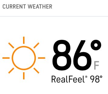 Image showing temperature of 86° F with a RealFeel temperature of 98° at 8:15 AM in Massachusetts.