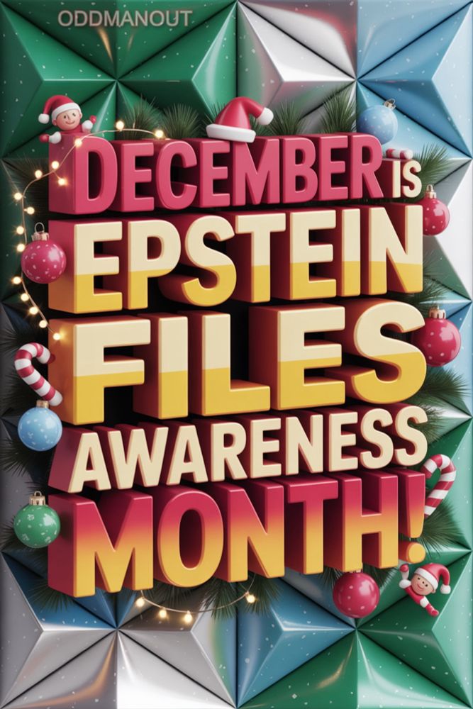 The words, "December is Epstein Files Awareness Month!" in big and bright letters, adorned with some Christmas tree ornaments