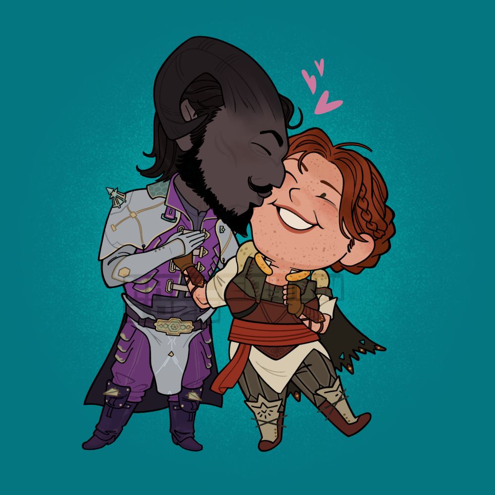 A chibi commission of Rethari, a Qunari mourn watch rook, kissing Scout Harding on the cheek. She's leaning into him with her right hand on his chest, and his hand place over hers. 