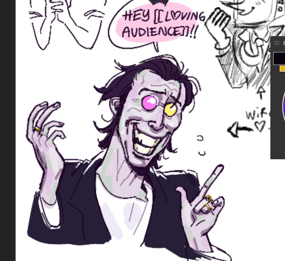 A humanised version of Spamton looking panicked. He's got greasy slicked back hair and plenty of rings on his fingers. A speech bubble above him says "HEY [[LOVING AUDIENCE]]!!" 