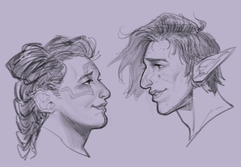 Side profile bust sketches of wardens Evka and Antoine. They are looking lovingly into each other's eyes. 
