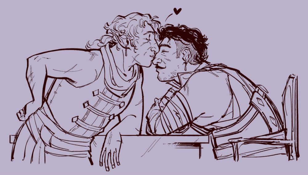 My character, Flauwier, leaning against a desk and kissing the bridge of Dorian's nose. 