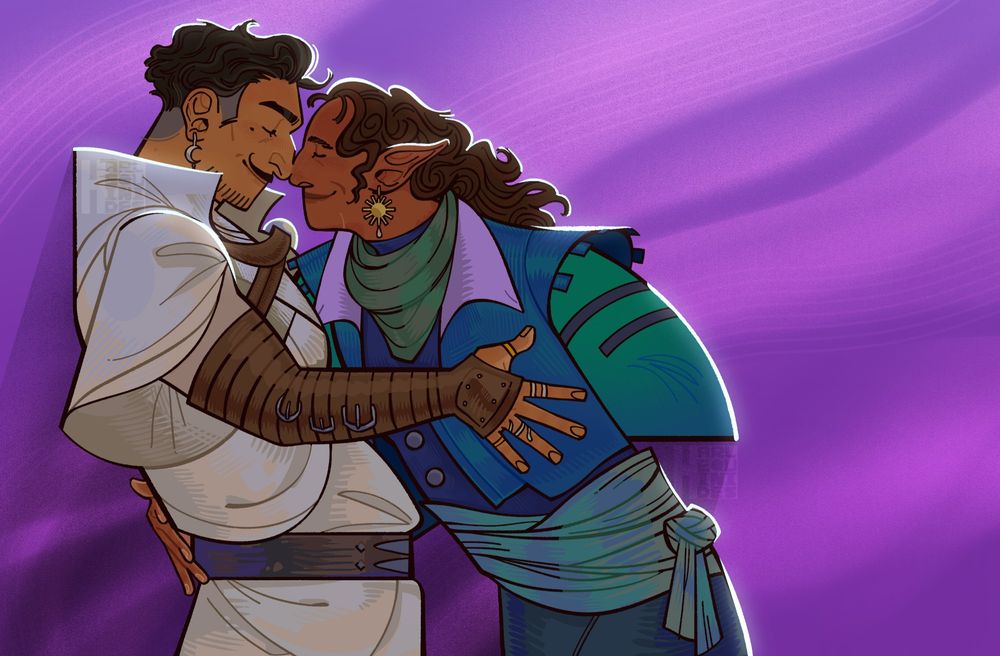 An illustration of my dragon age oc, Flauwier, and Dorian Pavus in an embrace. Their eyes are closed and both are smiling contently. 