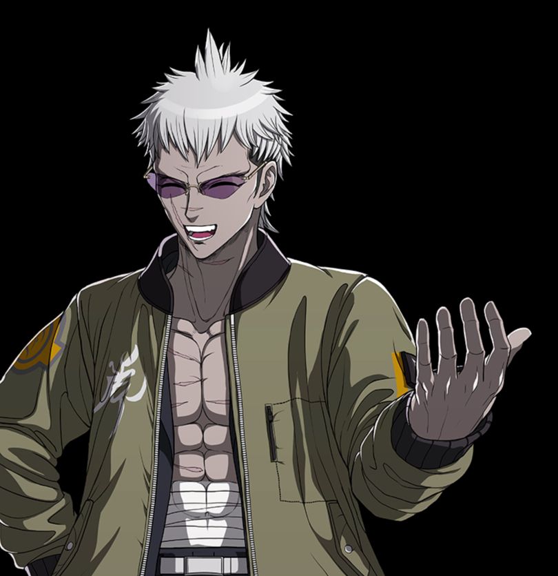 Takemaru Yakushiji, a teenage delinquent in a green jacket, smiling with a hand raised jovially.