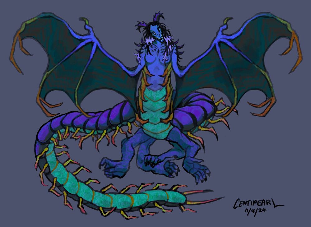 Character design of a blue draconic creature with the upper body of a human and the lower body of a centipede. In place of its upper arms it has wings that span outward, ending in claws.
