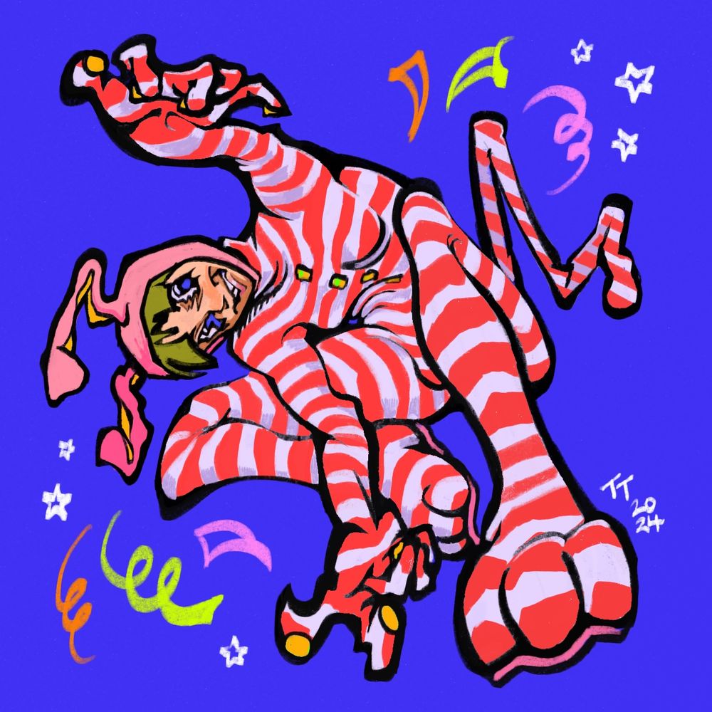 Digital drawing of popee done in bright saturated colors. He is sitting and leaning over, smiling with his arms outstretched to emphasize his pose. There are stars and confetti doodles surrounding him to fill the empty space on the solid blue background 