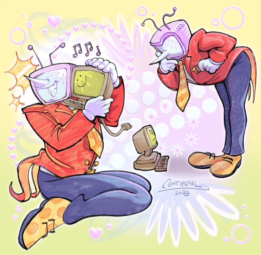 Digital art of tenna from deltarune and edgar from electric dreams. On the left, tenna stands leaning over edgar with his hand on his chin and an eyebrow raised like hes thinking. Edgar sits on the ground looking up at tenna, his mouth a flat line. On the right, tenna is sitting and holding edgar closely to the side of his face, they are both smiling, some music notes float above edgar’s head. The background is colorful with patterns of shapes including circles and hearts.