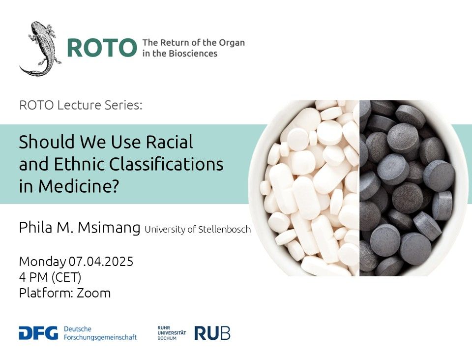Poster for the talk by Phila M. Msimang, entitled "Should we use racial and ethnic classifications in medicine?". It will take place on Monday, 7 April, at 4pm CET on Zoom. 