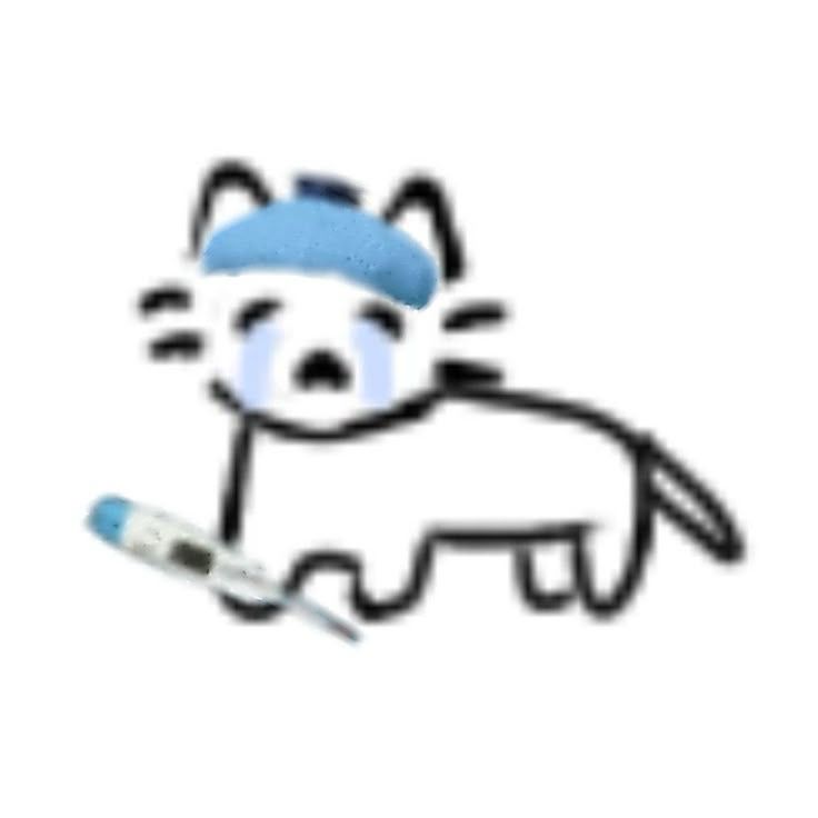 drawing of a sick/crying cat with a blue ice pack on his head and holding a thermometer 