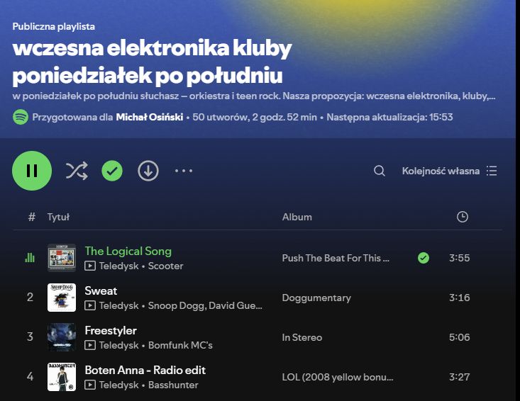Screen przedstawia początek mojej playlisty, którą wygenerował mi Spotify zawierającej np. Scooter The Logical Song.