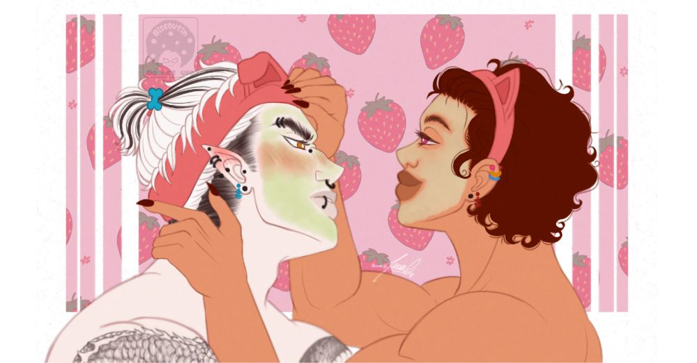 Na imagem, um homem (Leviathan) de expressão dura encara com um misto de irritação e timidez. Seus cabelos brancos, presos por uma faixa rosa de cachorro e adornados com um prendedor em formato de ossinho azul, contrastam com a pele clara marcada por um skincare esverdeado e piercings chamativos.

À sua frente, uma mulher (Mia) segura seu rosto com firmeza e delicadeza, aproximando-se com um sorriso confiante e olhar direto, como quem desafia e conquista ao mesmo tempo. Seus cabelos ruivos cacheados são emoldurados por uma tiara de gatinho, e o brinco colorido na orelha acrescenta um toque descontraído. Ela ajeita a faixa do outro revelando uma mistura de provocação e carinho.