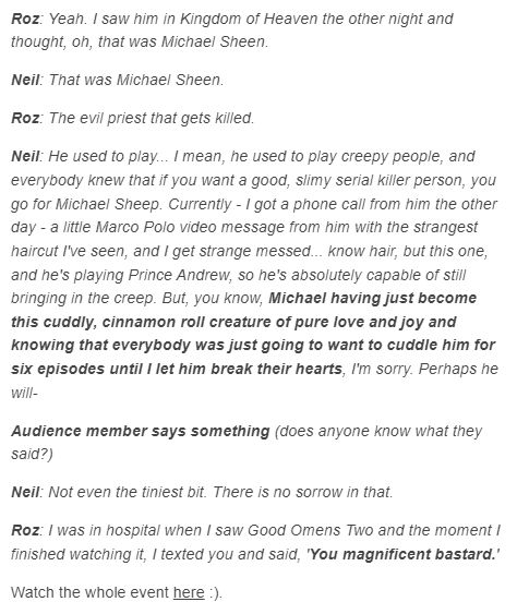 transcript at https://www.tumblr.com/fuckyeahgoodomens/737226666660741120/neil-gaiman-and-roz-kaveney-at-the-british-library?source=share