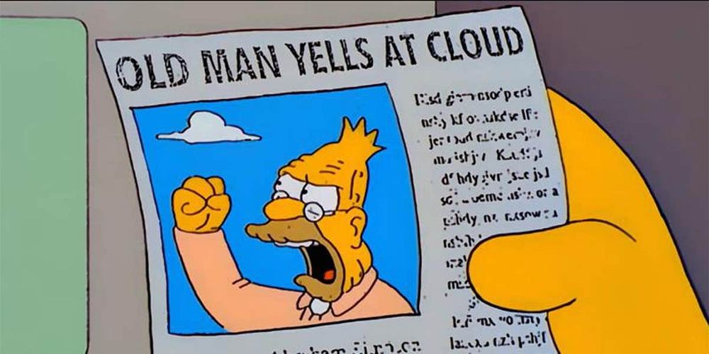 Newspaper showing Abe Simpson shaking fist, headline OLD MAN YELLS AT CLOUD