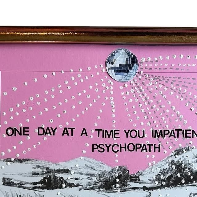 one day at a time you impatient psychopath with a disco ball and small rhinestone looking polka dot rays over the mountains 