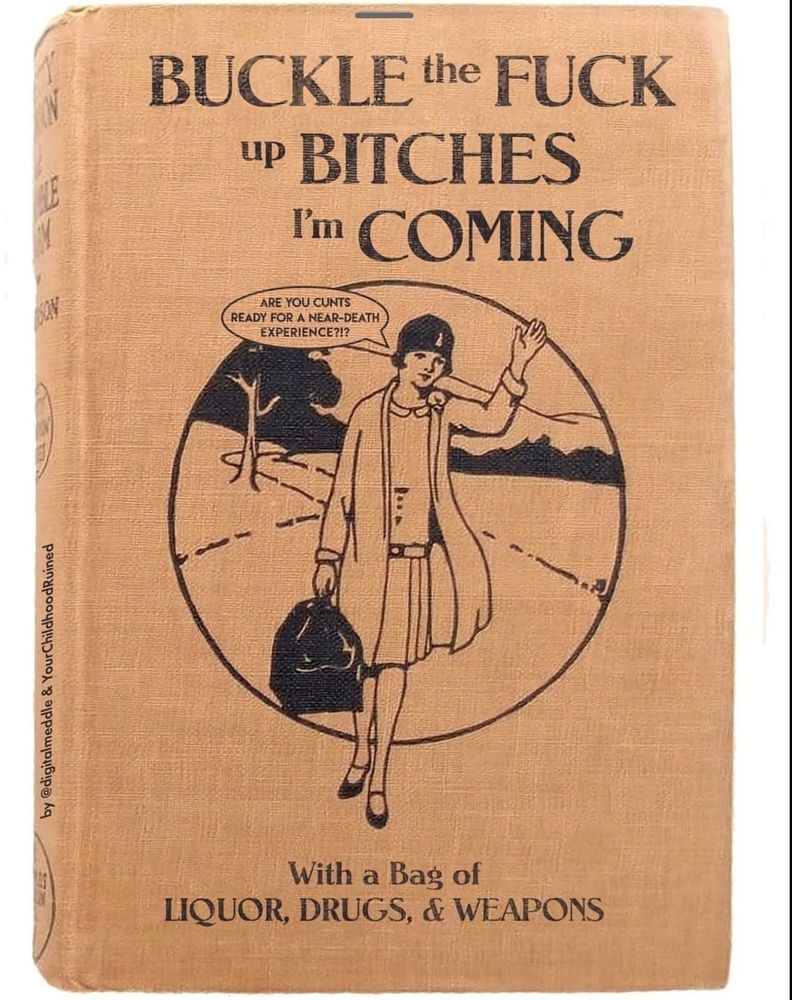 a book cover saying "buckle the fuck up the bitches are coming" "with a bag of liquor drugs & weapons"