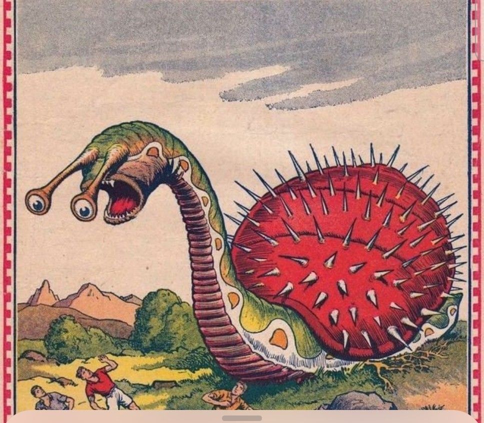 a drawing of a snail with a spiked shell and eyes on his antennae, terrorizing villagers