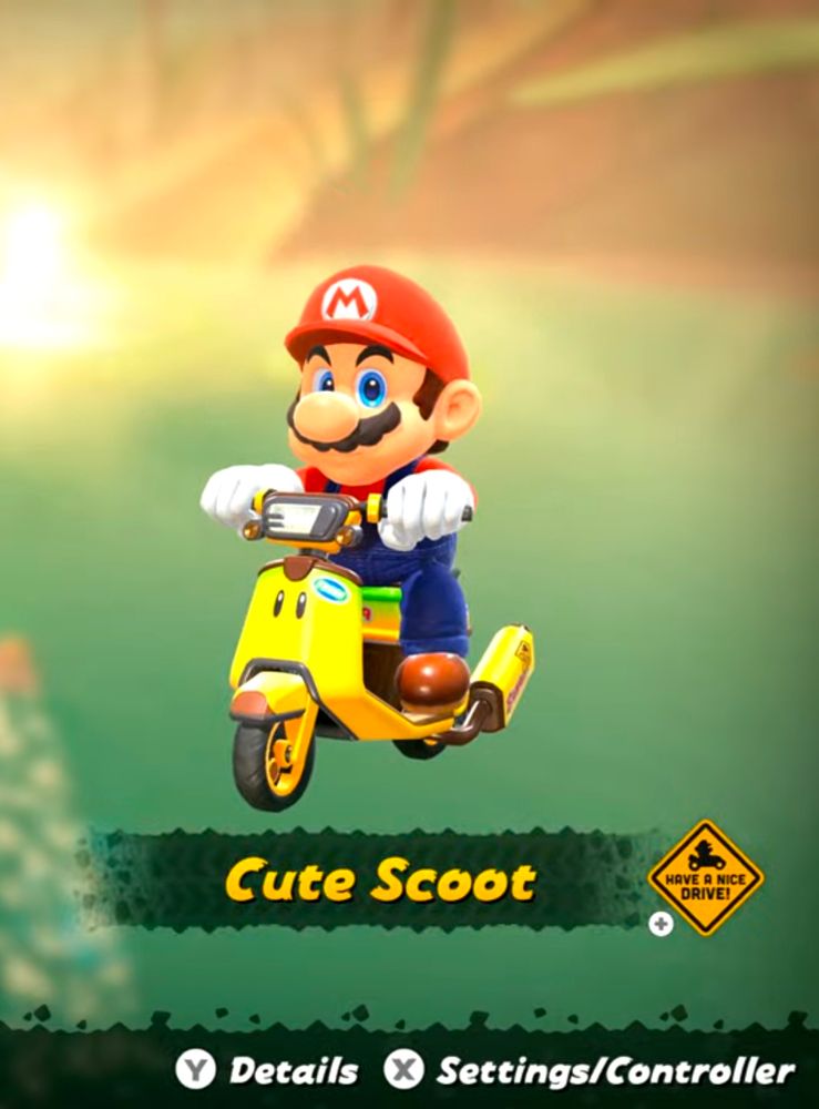 Mario riding a yellow scooter called Cute Scoot in Mario Kart World