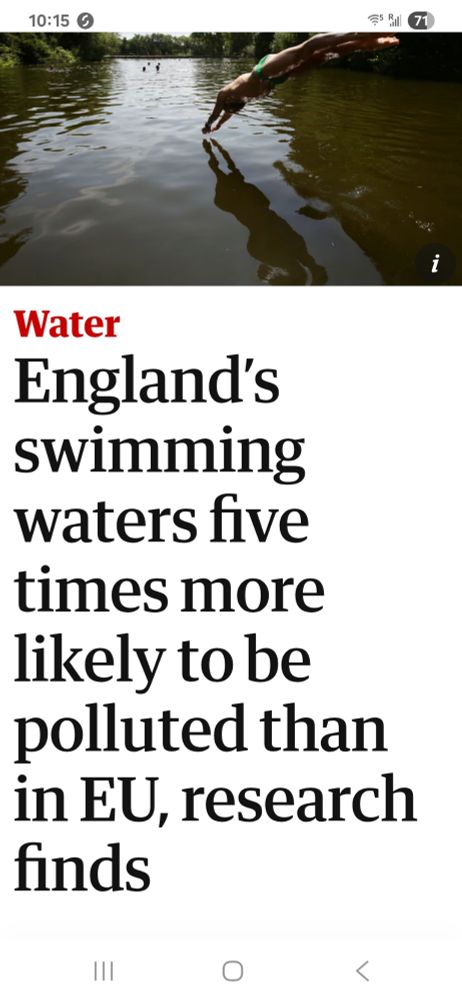 Screenshot of headline from Guardian explaining how much more polluted waters are in England than in the EU accompanied by a photo of a swimmer diving into a river
