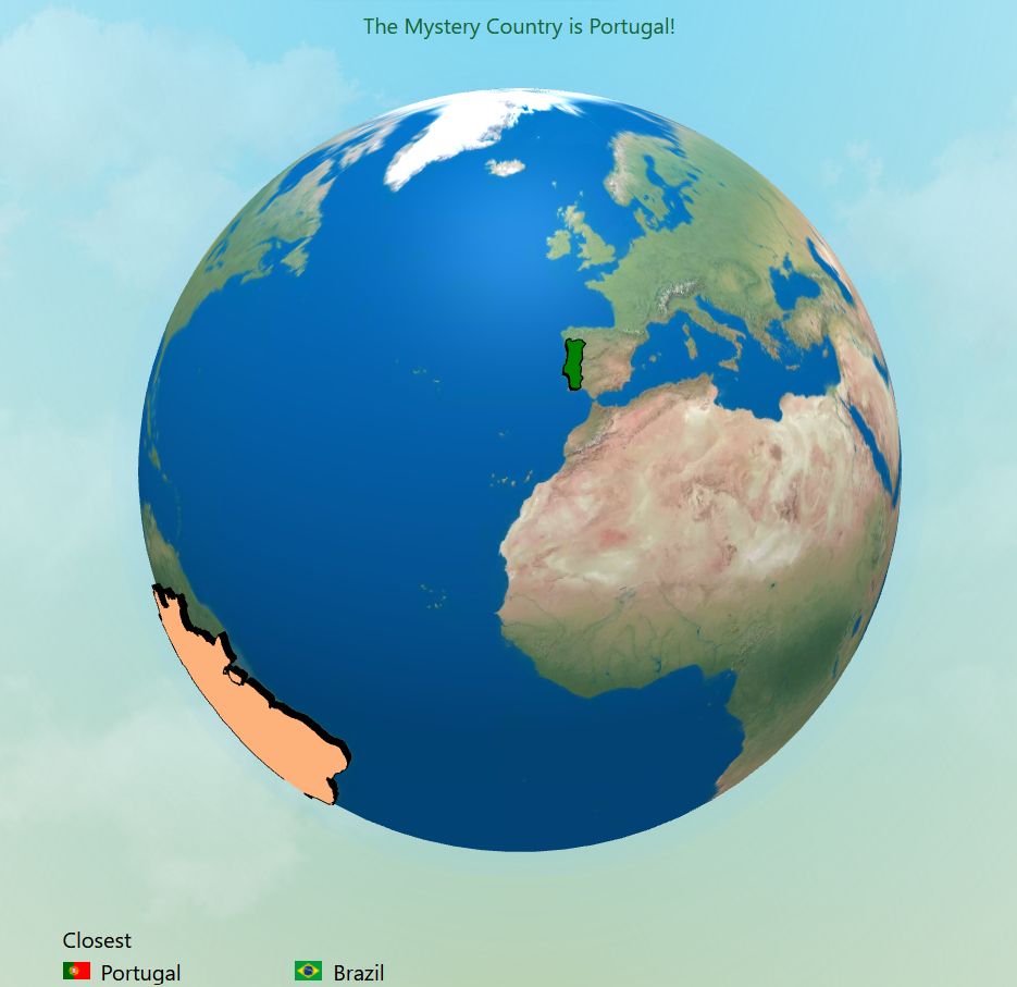 partida de globle. as duas tentativas foram brasil e portugal, e no topo está escrito em verde "The mystery country is portugal!". no meio da tela tem um modelo do planeta terra em forma de globo onde brasil está amarelo alaranjado e portugal está verde