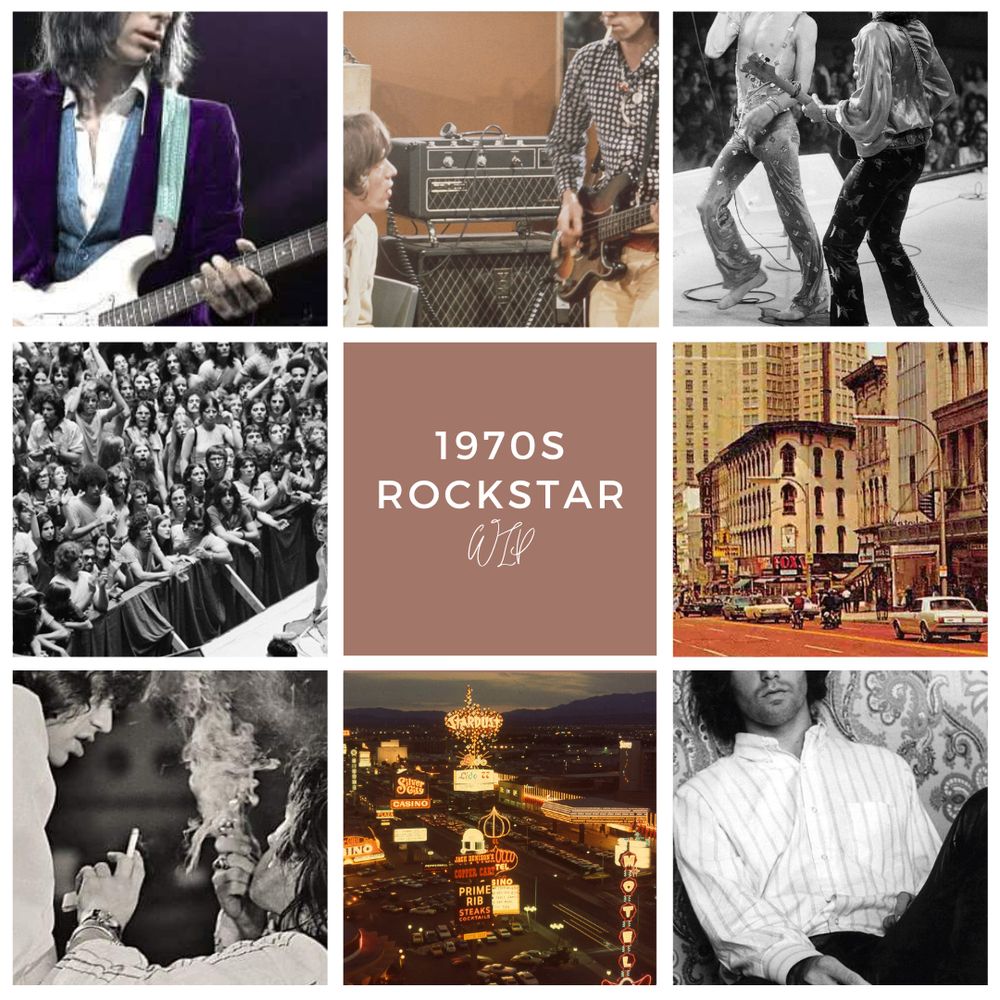 Moodboard featuring a collection of images.
Top row left to right: Jeff Beck performing in the 1970s; Mick Jagger and Keith Richards 1968; Mick Jagger and Keith Richards 1973.
Middle row left to right: Fans gathering at a Rolling Stones concert 1972; text that says "1970s Rockstar WIP"; a shot of downtown Grand Rapids in the 1970s.
Bottom row left to right: Mick Jagger and Keith Richards 1972; a shot of Las Vegas in the 1970s; Jim Morrison in the 1960s.