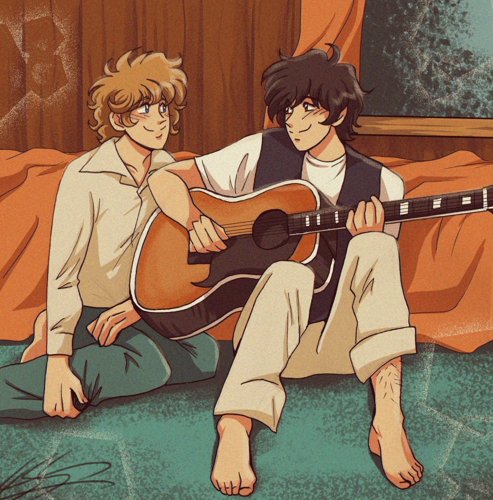 Retro anime-style artwork of Ray and Gene, the main characters from the novel Sympathy for the Blues by S.S. Genesee. They are both sitting on the floor of Gene's bedroom, smiling at each other, and Gene is playing an acoustic guitar.