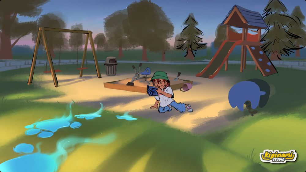 Concept art of a kid following weird footsteps in a park